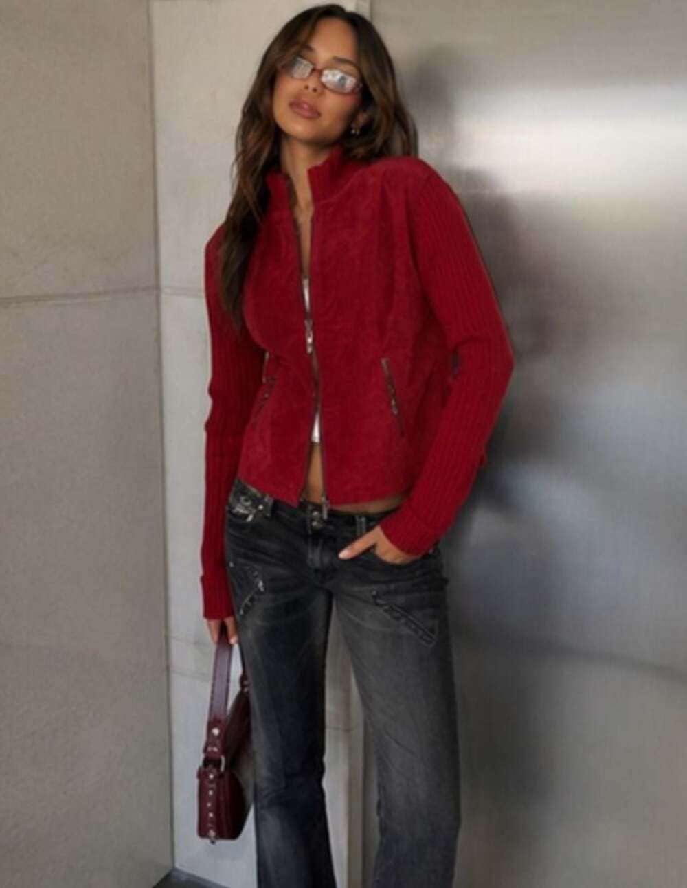A.M.I. Vintage Red Suede Leather & Ribbed Knit Zip-Up Jacket Style Size S